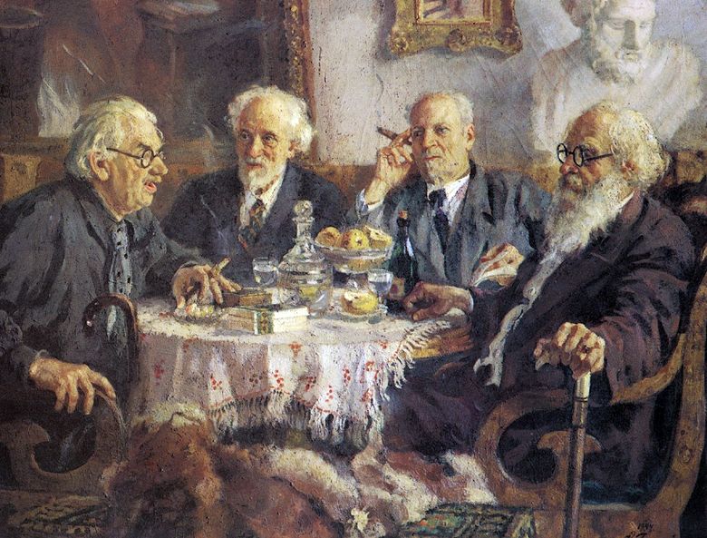 Porträtt av de äldsta sovjetiska konstnärerna I. Pavlov, V. Baksheev, V. Byalynitsky Birulya och V. Meshkov   Alexander Gerasimov