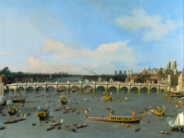 Westminster Bridge i London med en lord borgmästares tåg på Themsen   Antonio Canaletto