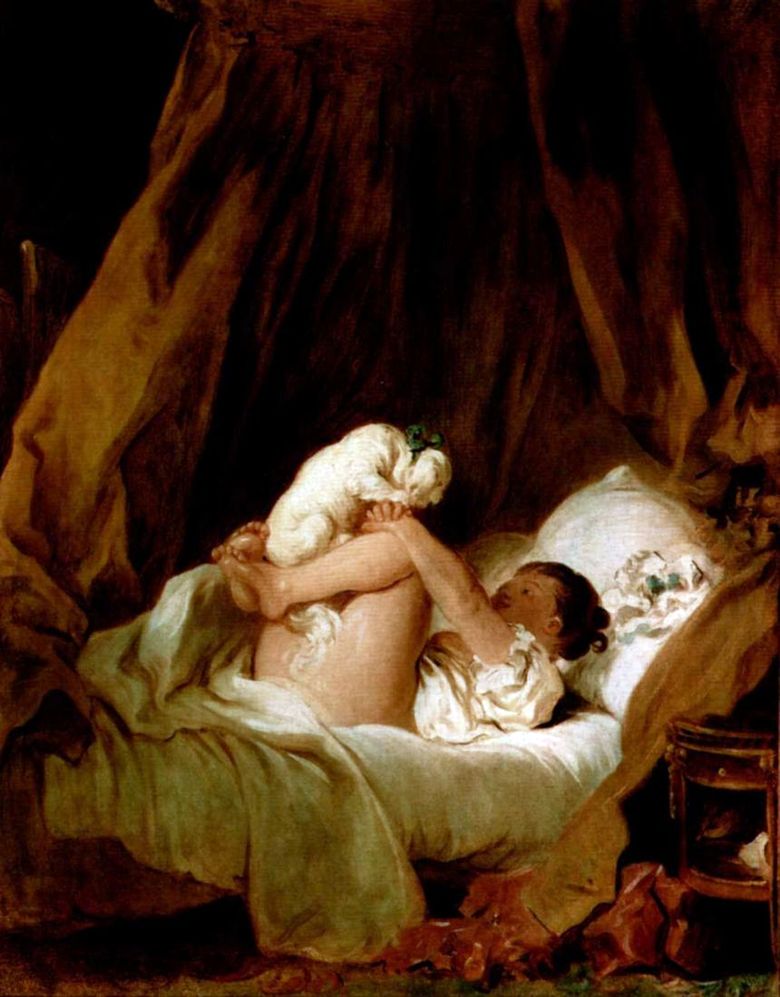 Flicka i sängen som leker med en hund   Jean Honore Fragonard