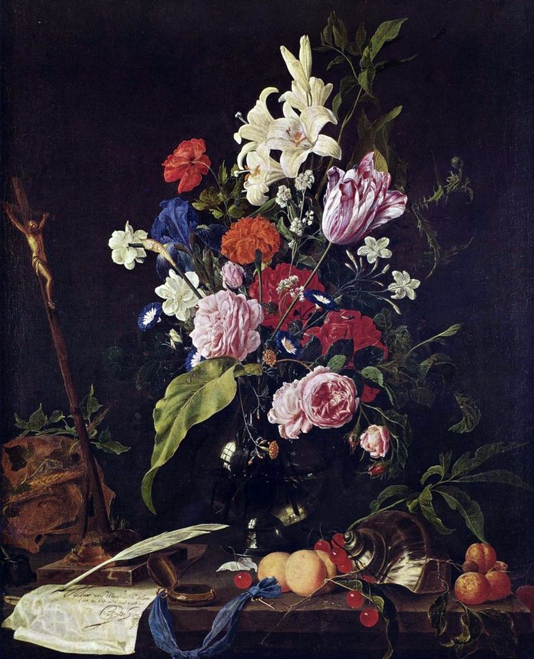 Blommor i en glasvas och frukt   Jan Davids de Hem