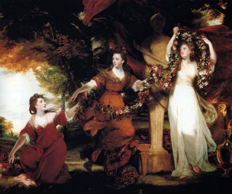 Tre systrar till Montgomery i form av nådar, dekorerar med blommor statyn av Hymen   Joshua Reynolds