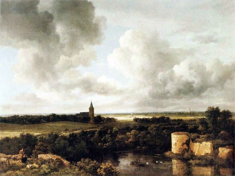 Landskap med slottruiner och kyrka   Jacob van Reisdal