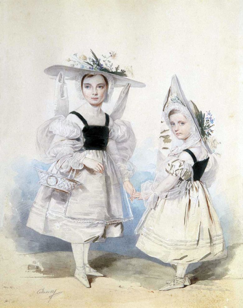 Porträtt av Anna och Ekaterina Vasilchikovs systrar i snygg klänning   Peter Sokolov