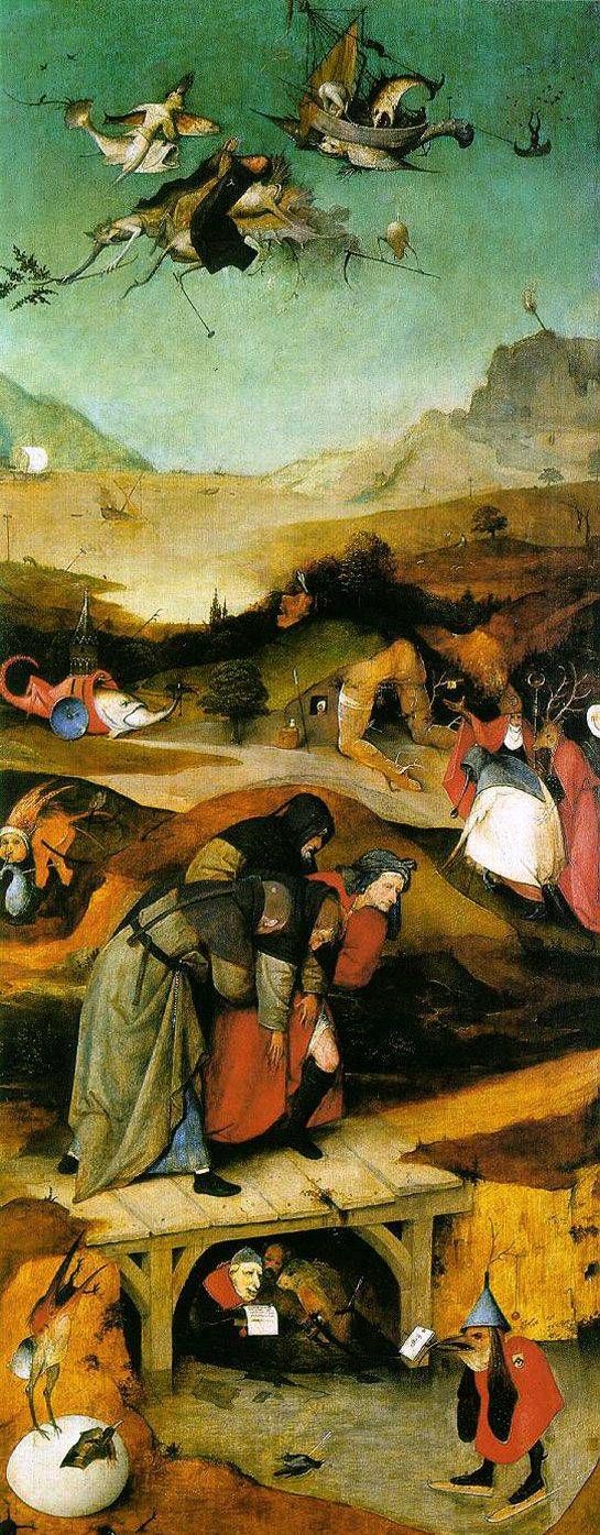 St. Anthony flygning och fall. Triptyk vänstervinge   Hieronymus Bosch