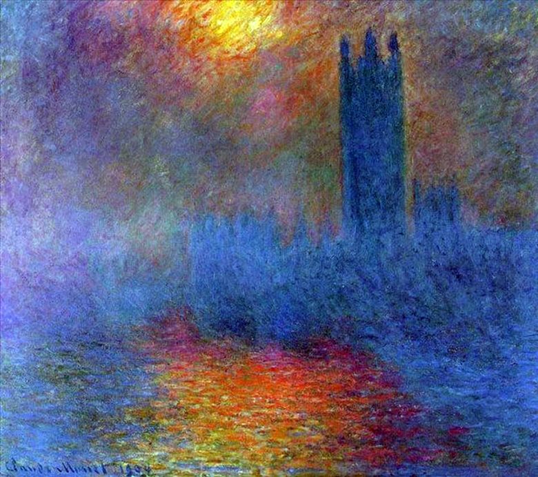 Parlamentsbyggnaden, solen som skiner genom dimman   Claude Monet
