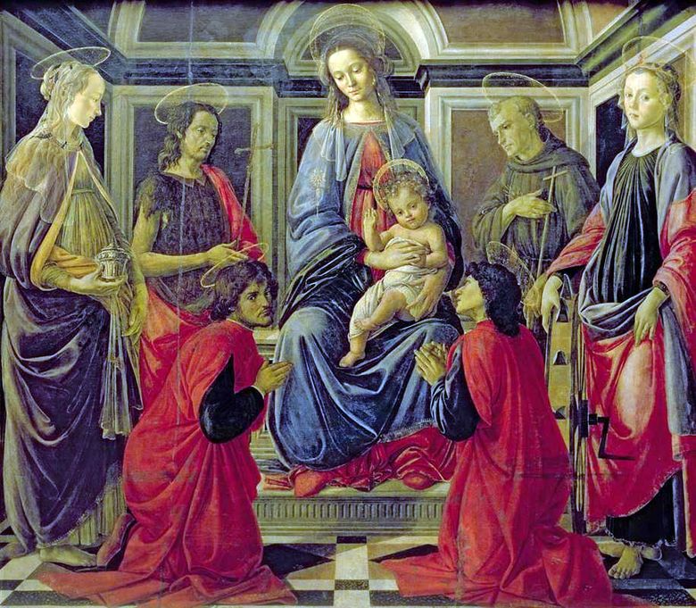 Madonna med barnet och de heliga Mary Magdalene, baptisten Johannes, Kozma, Damian, Francis av Assisi och Catherine av Alexandria   Sandro Botticelli