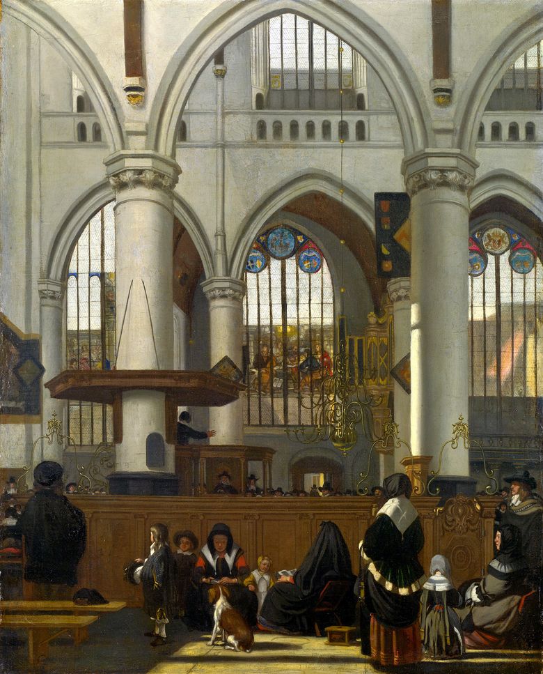 Interiören i den gamla kyrkan i Amsterdam under tjänsten   Emanuel de Witte